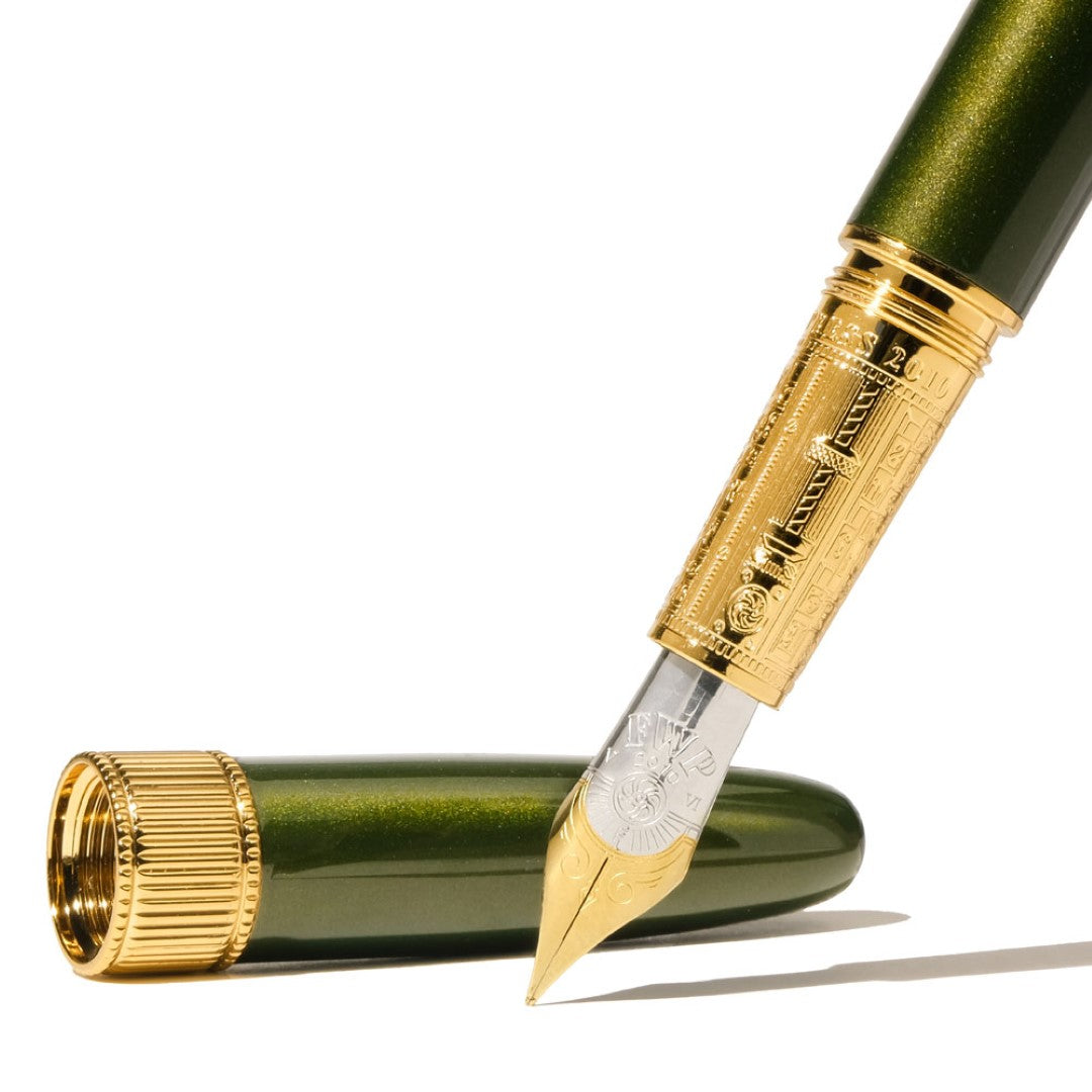 Elegant Ferris Wheel Press Joule Fountain Pen in Juniper Moss Fine, featuring brass construction, gold plating, and a two-tone nib.