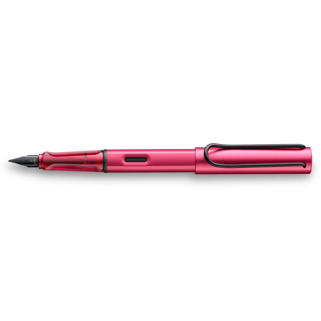 Lamy Al-Star Fiery Red Fountain Pen features a metallic finish, ergonomic grip, and polished steel nib for smooth writing.