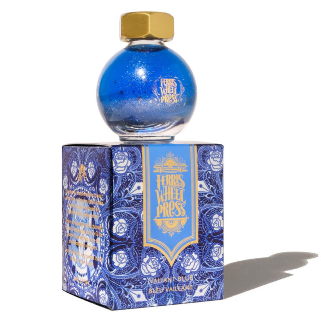 Ferris Wheel Press Valiant Blue ink in a 20ml bottle, showcasing true blue with shimmering green and gold hues for vibrant writing.