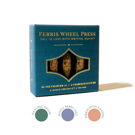 Ferris Wheel Press Ink Charger Set featuring three 5ml vials in colors inspired by the Southern landscape: green, berry, and earthy tones.