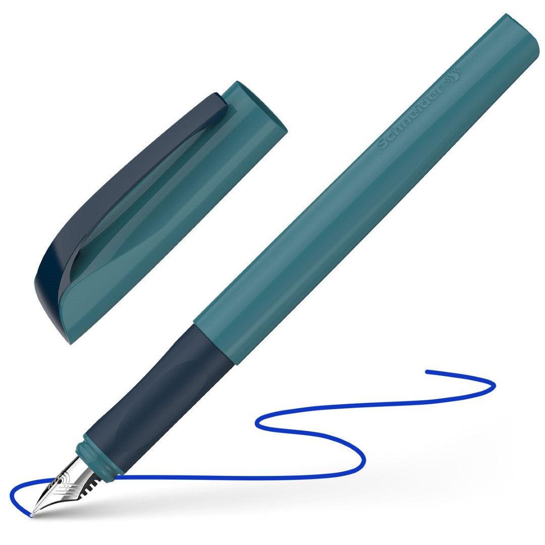 Ocean blue Schneider Fountain Pen Xpect Colour with ergonomic grip, steel nib, and erasable royal blue ink for versatile writing.