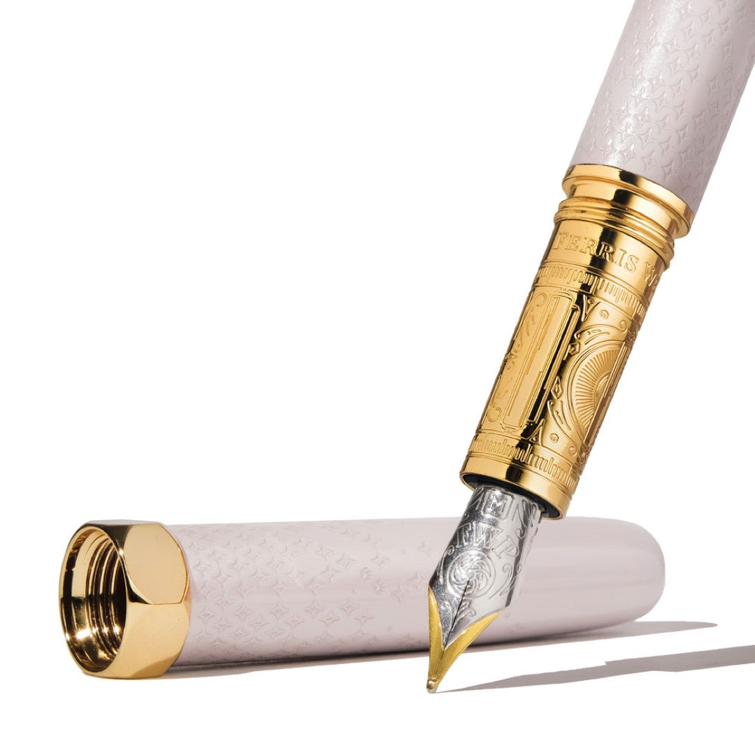 Elegant Bijou Sandcastle Clay Fountain Pen featuring sparkling Snowfall lacquer and a unique engraved body for exquisite writing.