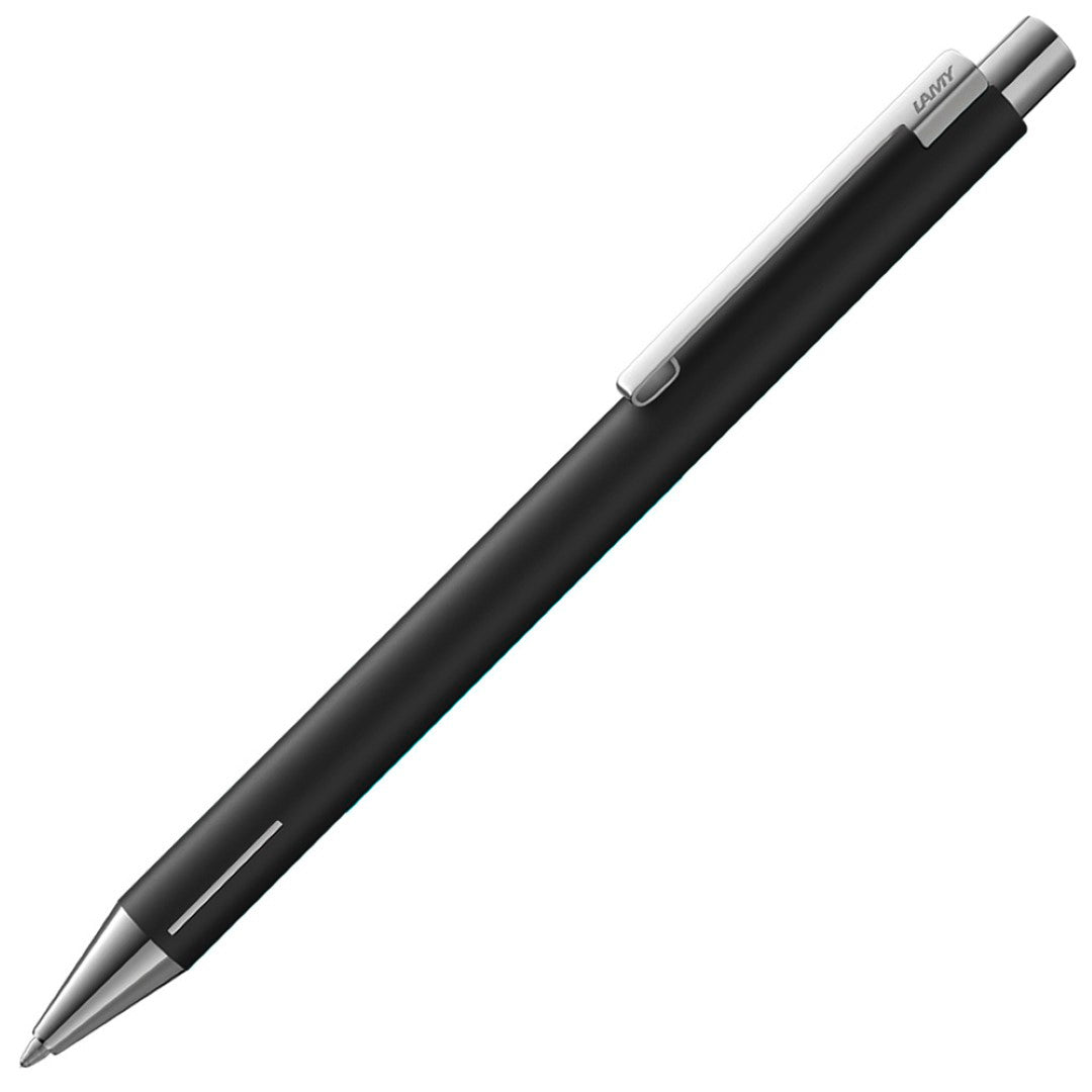 Sleek Lamy Econ Ballpoint in Matt Black, featuring stainless steel construction, ergonomic grip, and a unique curved clip.