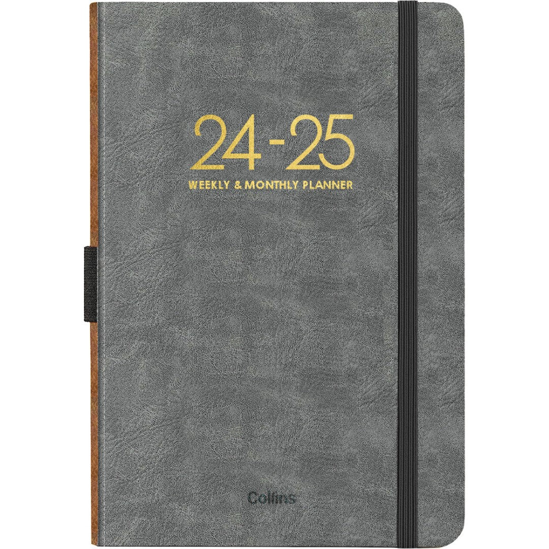 A5 executive diary with PU leather cover, gold foil, week-to-view layout, ribbon marker, and pen loop, for organized planning.