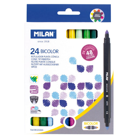 Milan Bicolor Double Ended Tip Pens set with 48 vibrant colors for precise drawing and filling, ideal for artists and hobbyists.