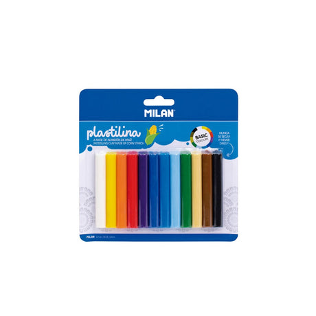 Brightly colored Milan Plastilina Modelling Clay set featuring 12 non-toxic, soft, and pliable colors for creative projects.