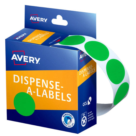 Avery green round label dispenser with 500 labels, perfect for organizing and planning tasks in home or office settings.