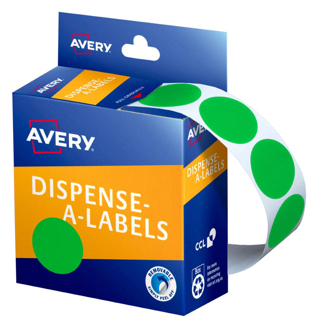 Avery green round label dispenser with 500 labels, perfect for organizing and planning tasks in home or office settings.