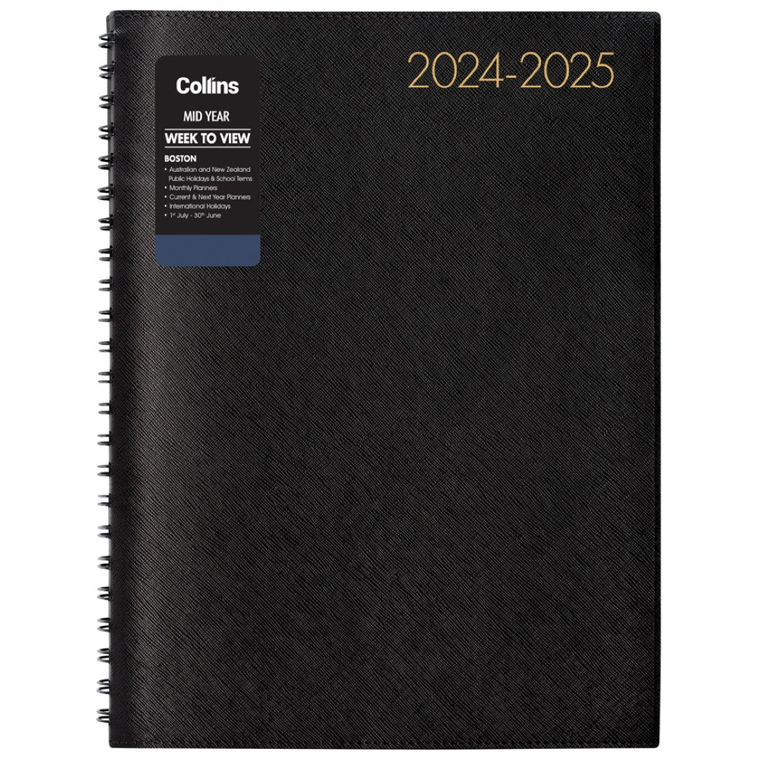 Collins Diary Mid Year Boston A43 for 2024/2025, featuring a sleek design and week-to-view layout for effective planning.