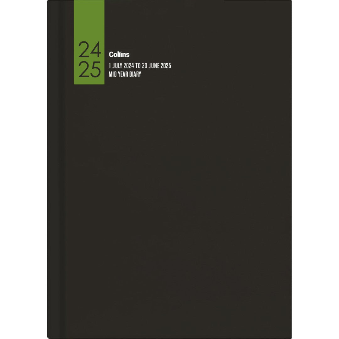 Stylish Collins Diary A43A for 2024/2025 featuring a gloss hardcover, 70gsm paper, ribbon marker, and eco-friendly materials.