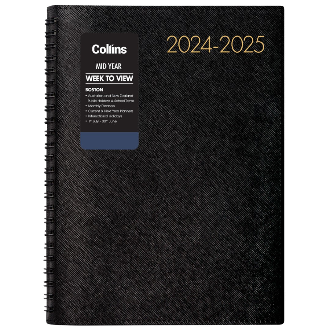 Collins Diary Mid Year Boston A53: stylish week-to-view planner with cream pages, PVC cover, cash summary, and holiday sections.