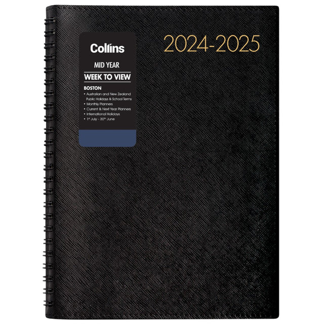 Collins Diary Mid Year Boston A53: stylish week-to-view planner with cream pages, PVC cover, cash summary, and holiday sections.