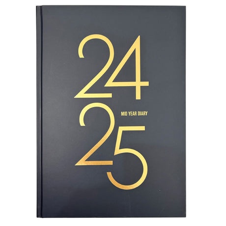 Collins Diary A5 planner for 2024/2025, featuring matte hardcover, gold foiling, ribbon marker, and eco-friendly materials.