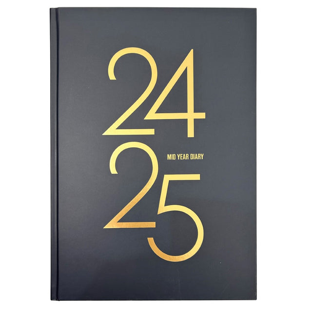 Collins Diary A5 planner for 2024/2025, featuring matte hardcover, gold foiling, ribbon marker, and eco-friendly materials.