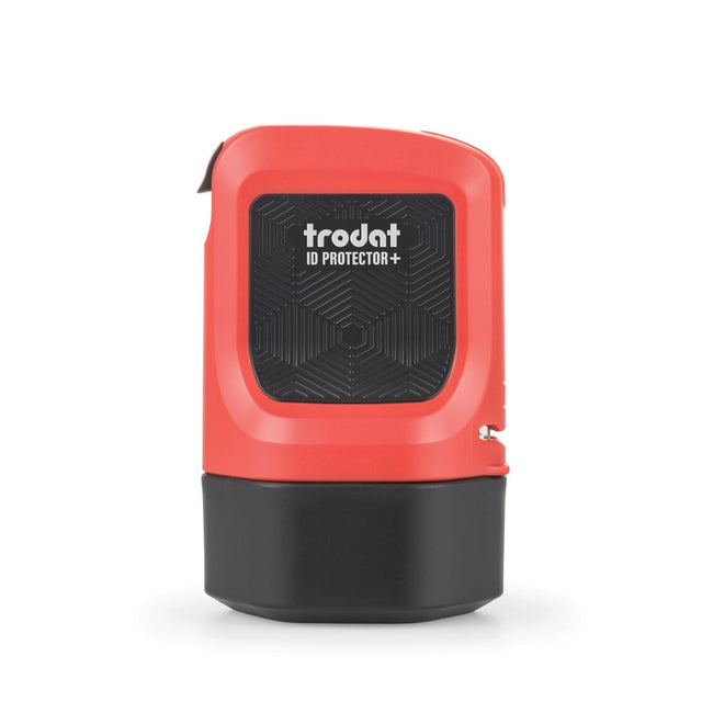 Trodat ID Protector+ Roller Stamp for concealing personal info; eco-friendly, ergonomic, and features a letter opener.