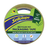 Eco-friendly Sellotape Recycled PET Packaging Tape, low noise, 36mm x 50m, made from 100% recycled materials for robust sealing.