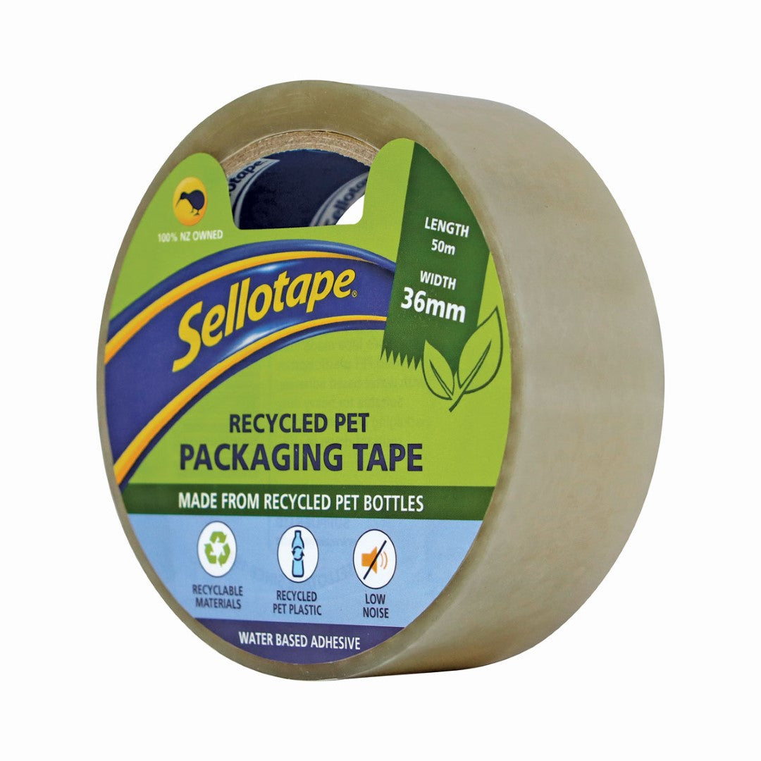 Sellotape Recycled PET Packaging Tape in 36mm x 50m, eco-friendly, low noise, strong adhesion, made from 100% recycled materials.