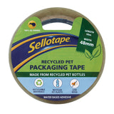 Eco-friendly Sellotape recycled PET packaging tape, 48mm x 50m, with low noise and strong water-based adhesive.