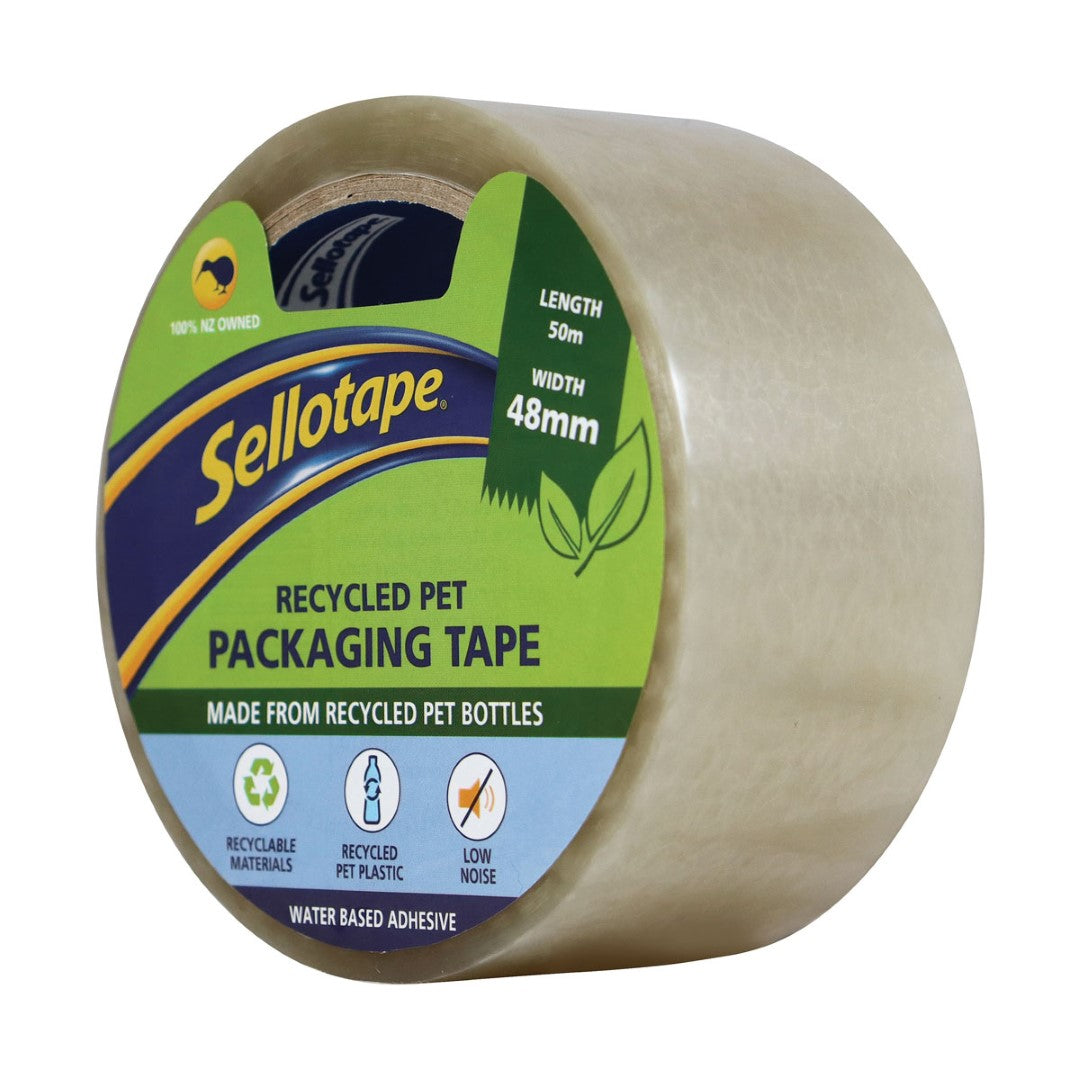 Eco-friendly 48mm x 50m Sellotape made from 100% recycled PET, ensuring low noise and strong adhesive performance for packaging.