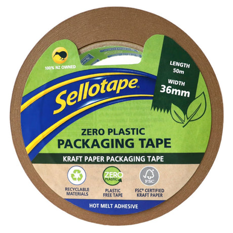 Eco-friendly 36mm x 50m kraft paper tape with strong adhesion, easy-tear feature, and writable surface for sustainable packaging.