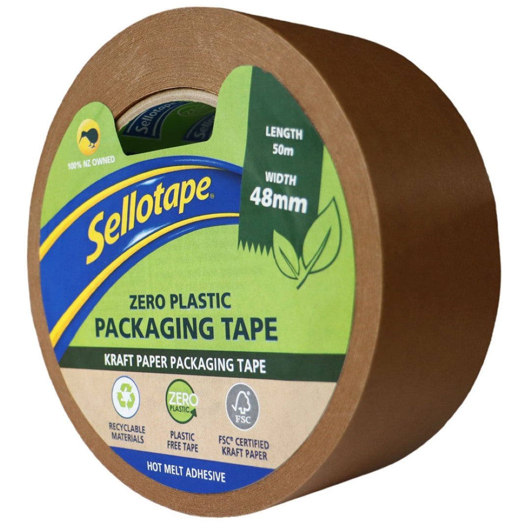 Eco-friendly kraft paper tape, 36mm x 50m, strong adhesion, easy tear, writable surface, made from over 60% biobased materials.