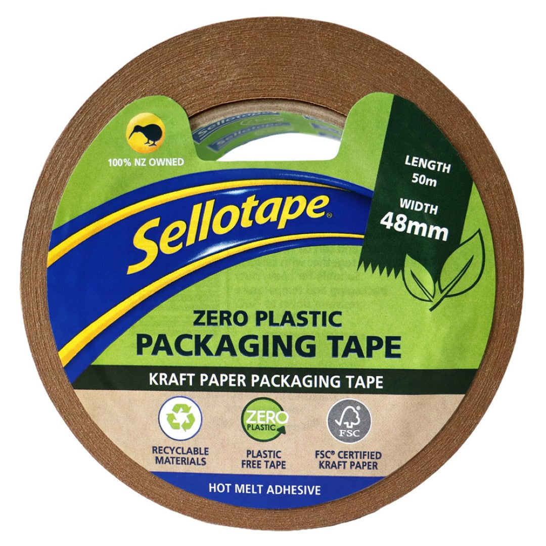 Eco-friendly kraft paper packaging tape, 48mm x 50m, strong adhesion, easy tear, FSC-certified, perfect for labeling and packaging.