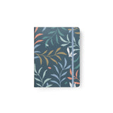 A5 refillable notebook with botanical design, twin-wire binding, elastic closure, and 100 gsm fountain pen friendly paper.