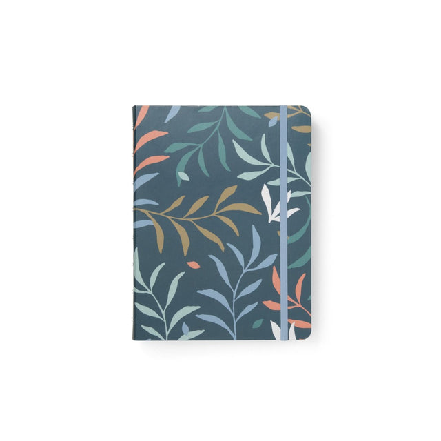 A5 refillable notebook with botanical design, twin-wire binding, elastic closure, and 100 gsm fountain pen friendly paper.