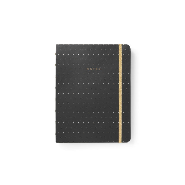 Elegant A5 refillable notebook in black with gold accents, featuring 56 fountain pen friendly ruled pages and twin-wire binding.