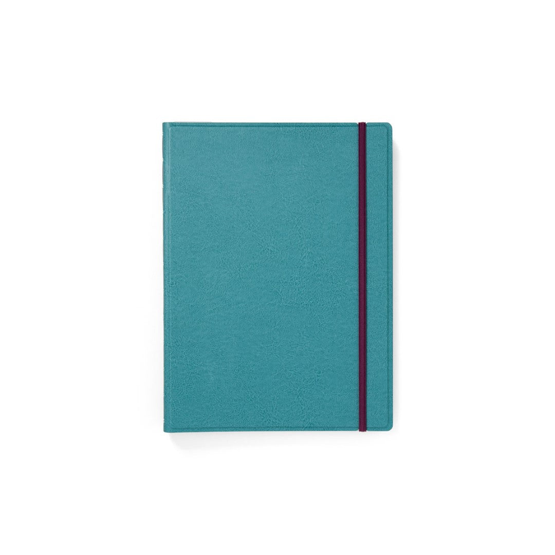 Contemporary teal refillable A4 notebook with twin-wire binding, 56 ruled pages, and elastic closure for stylish organization.