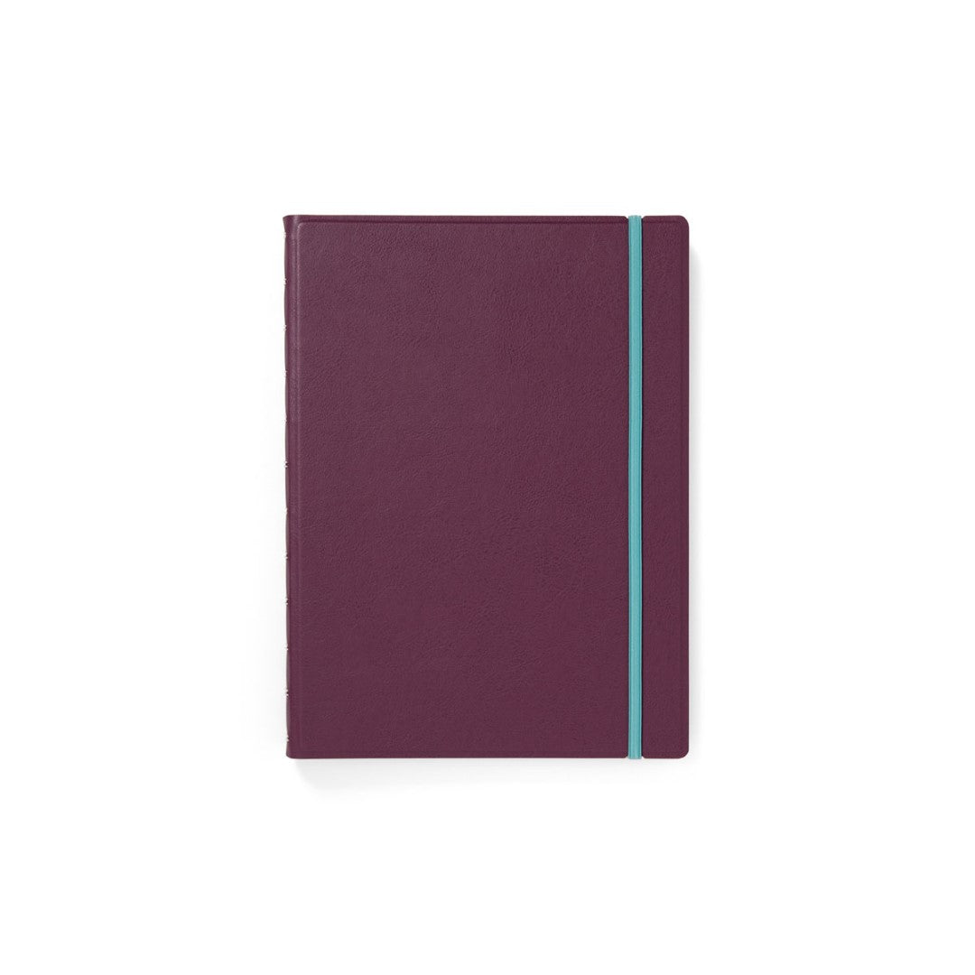 Stylish A4 refillable lined notebook in Contemporary Plum with twin-wire binding, elastic closure, and 56 ruled pages.