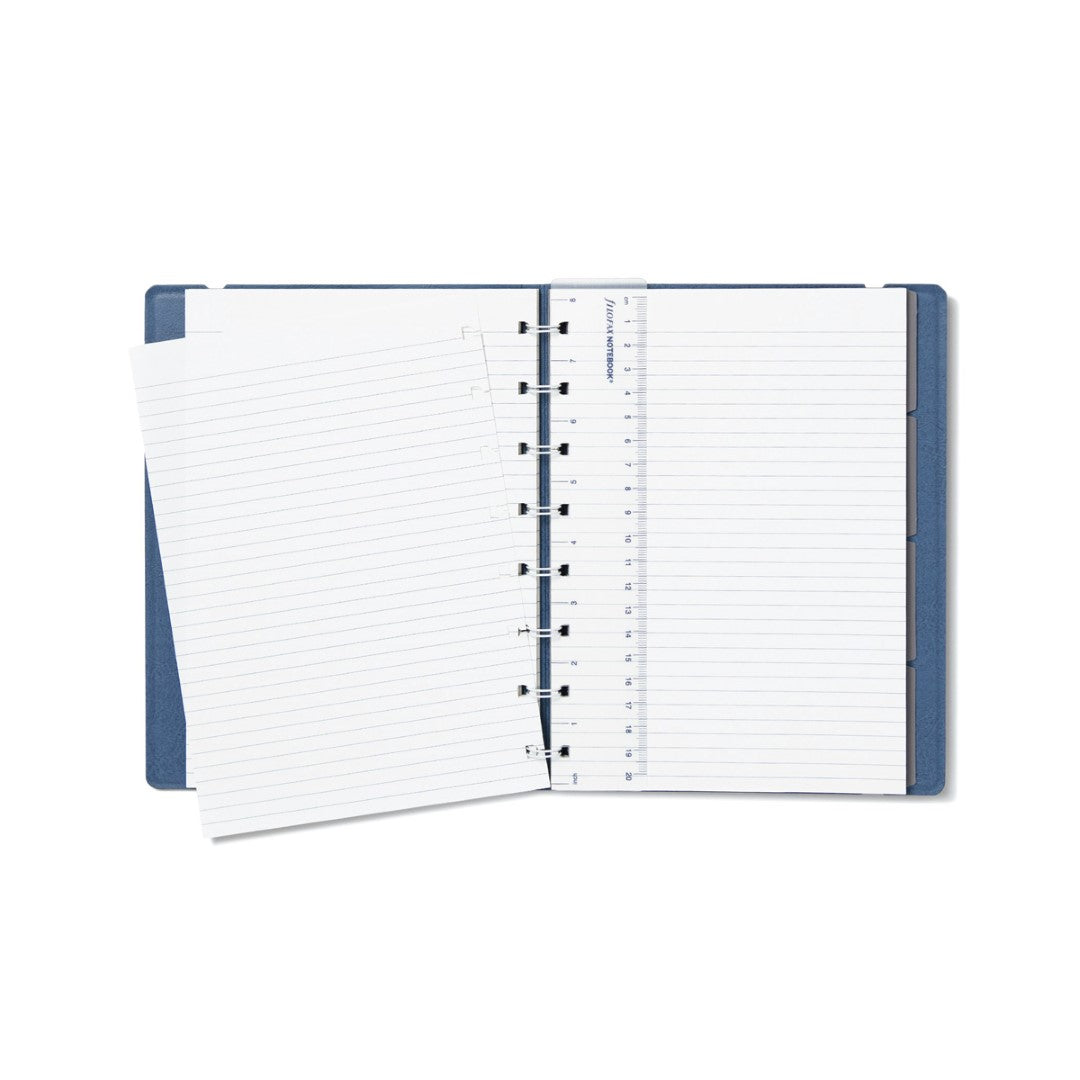 Refillable A5 notebook in Contemporary Blue Steel with twin-wire binding and 56 fountain pen-friendly lined pages.