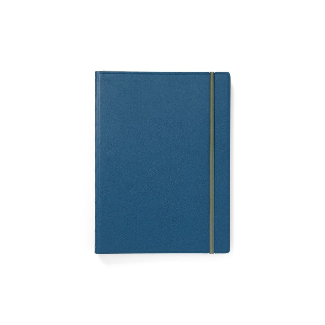 Contemporary blue steel A4 refillable notebook featuring twin-wire binding, 56 ruled pages, and elastic closure for stylish organization.