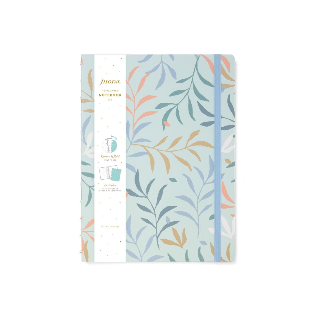 Filofax Botanical A4 Notebook in Mint features enchanting designs, 100gsm paper, and refillable pages for stylish writing.