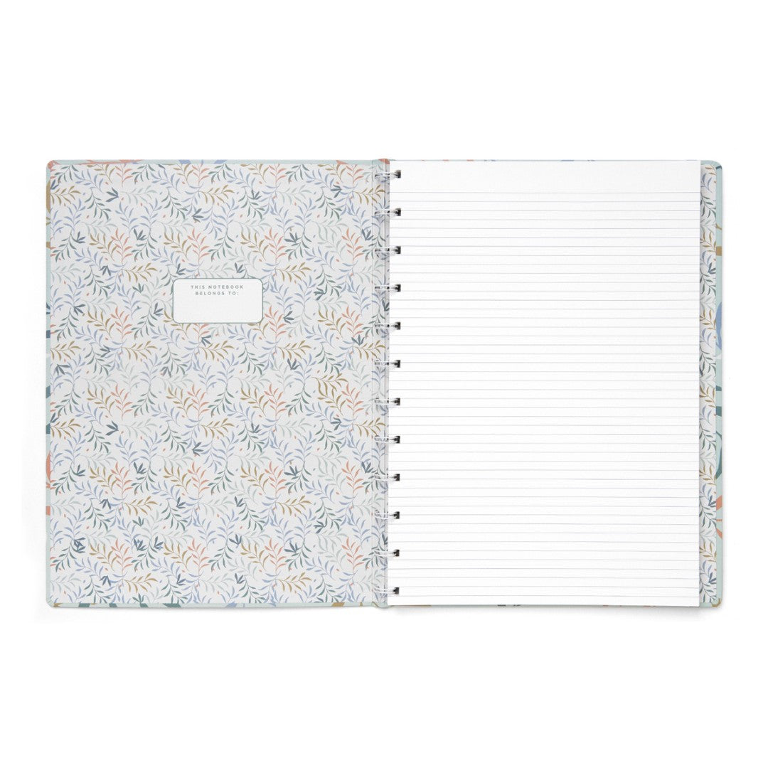 Stylish mint A4 notebook with botanical designs, 56 ruled pages, lies flat for easy writing, perfect for notes and journaling.