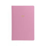 Elegant pink Letts notebook with ruled pages, hard case, and ribbon marker for organized writing and creativity.