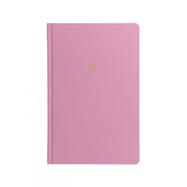 Elegant pink Letts notebook with ruled pages, hard case, and ribbon marker for organized writing and creativity.