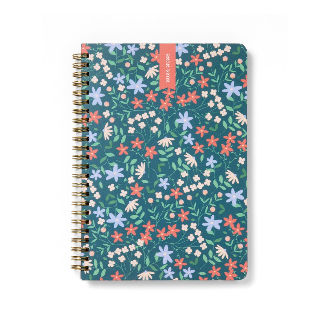 A5 week-to-view diary in Spring Valley Green with floral design, wiro binding, and practical planning features.