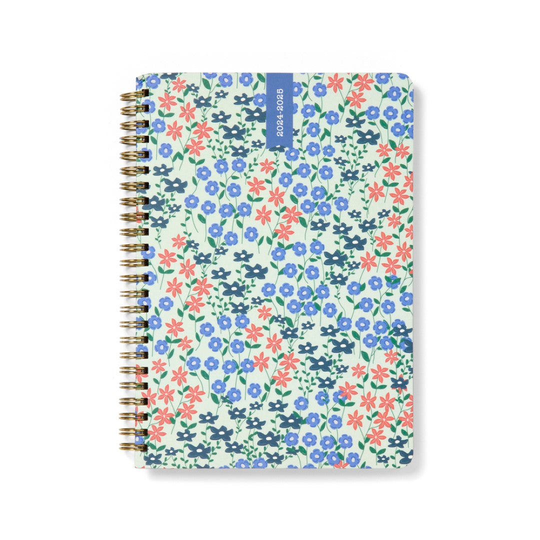 Floral Spring Valley Mint A5 planner with wiro binding, 18-month layout, pockets, ruler, and multilingual support for organized living.