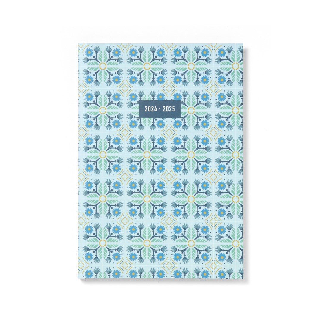 A5 week-to-view diary in Morocco Sky with a mosaic cover, ribbon marker, multilingual features, and sustainable paper.