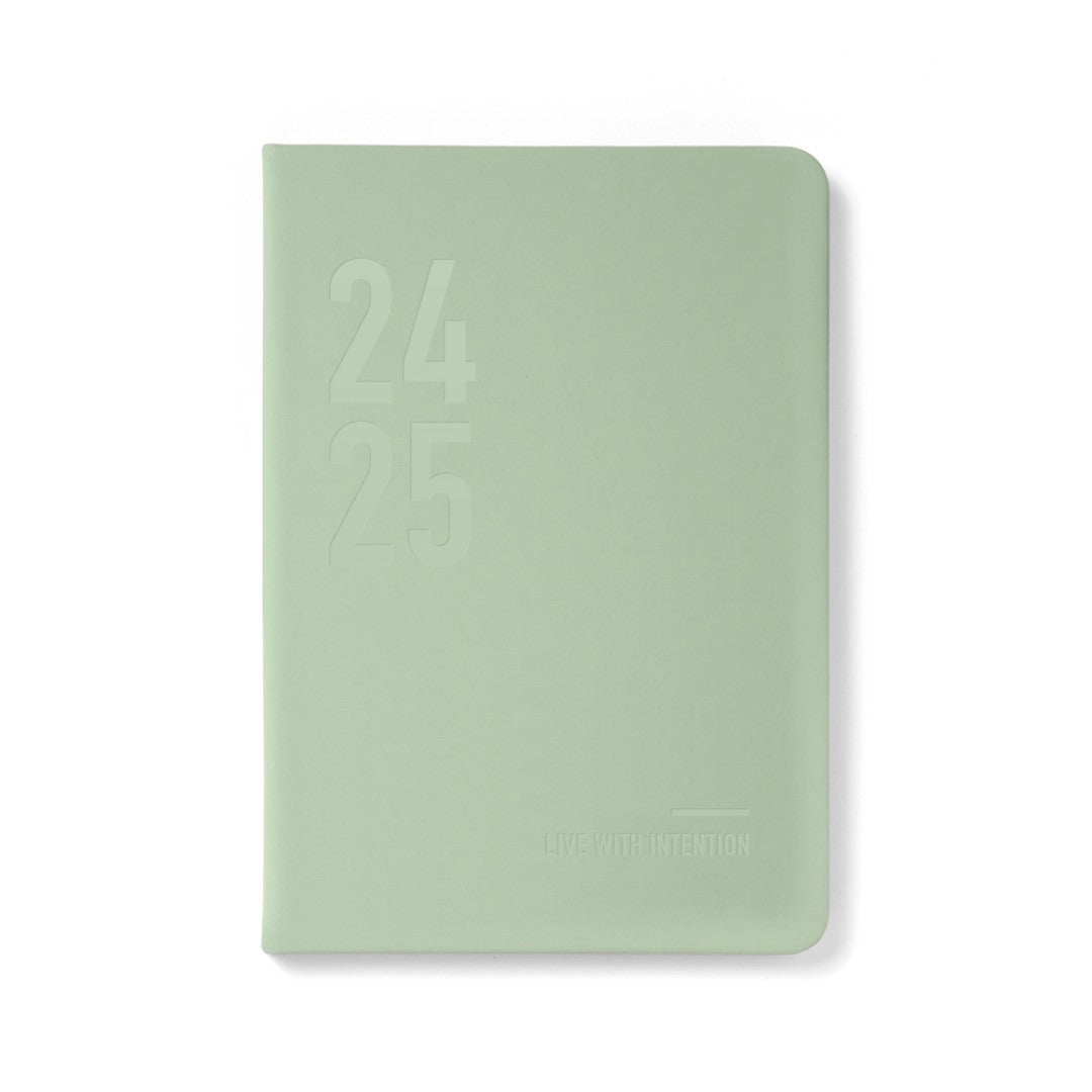 Eco-friendly A5 week to view diary in Conscious Sage color, crafted from recycled materials, featuring organized layouts and inspirational quotes.