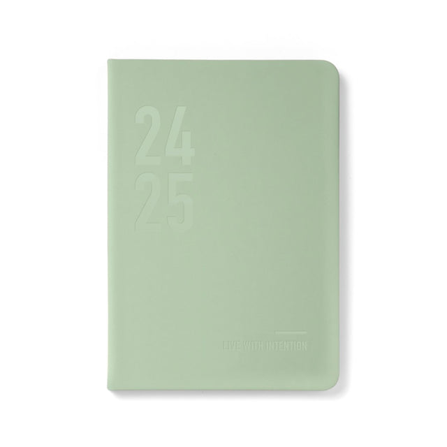 Eco-friendly A5 week to view diary in Conscious Sage color, crafted from recycled materials, featuring organized layouts and inspirational quotes.