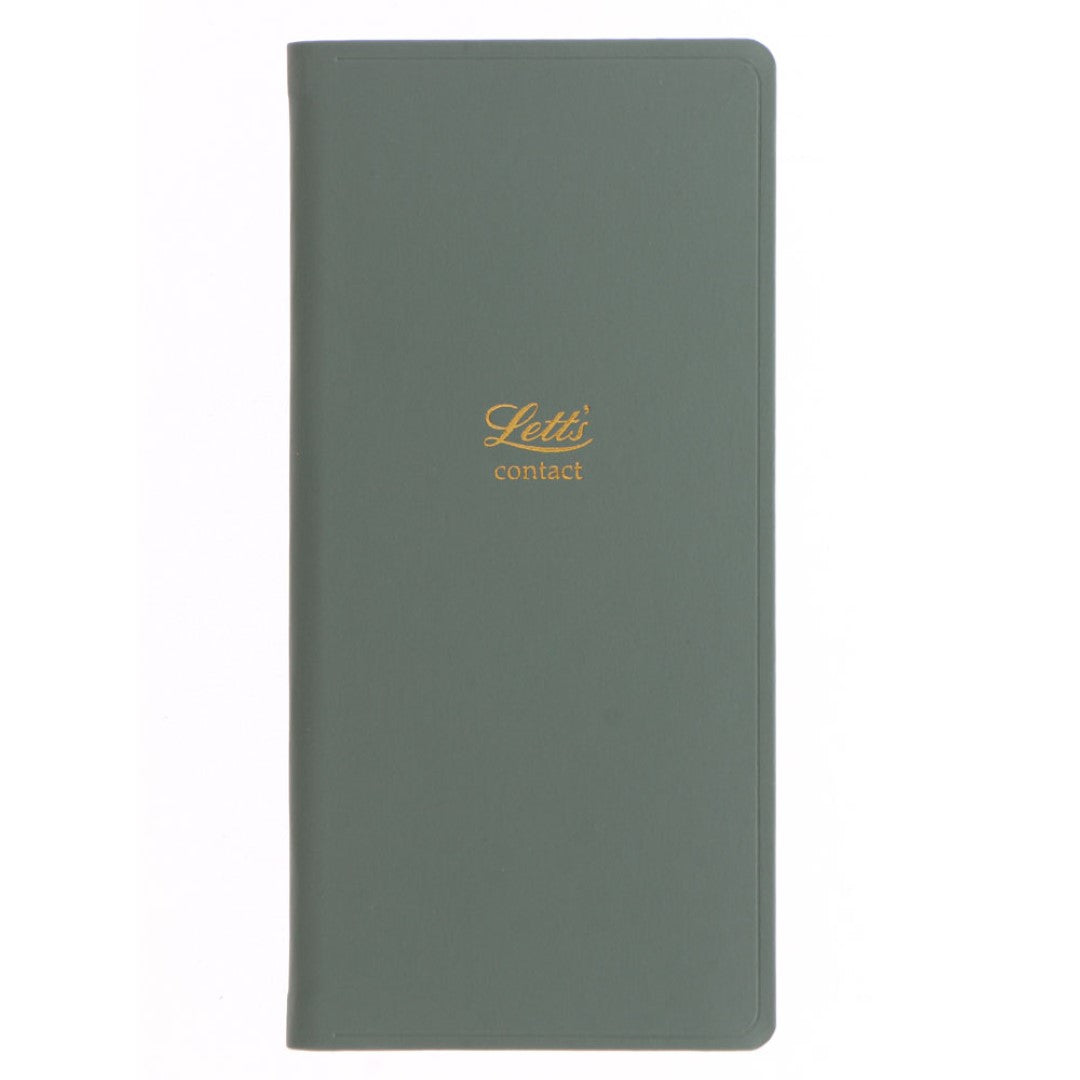 Vibrant green slim pocket address book with gold foil, 160 pages, internal pocket, and elegant alphabetical organization.