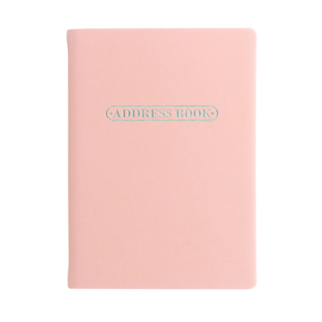 Elegant pastel peach A6 address book with 192 ruled pages, silver foil details, and a durable hard case for organized contact tracking.