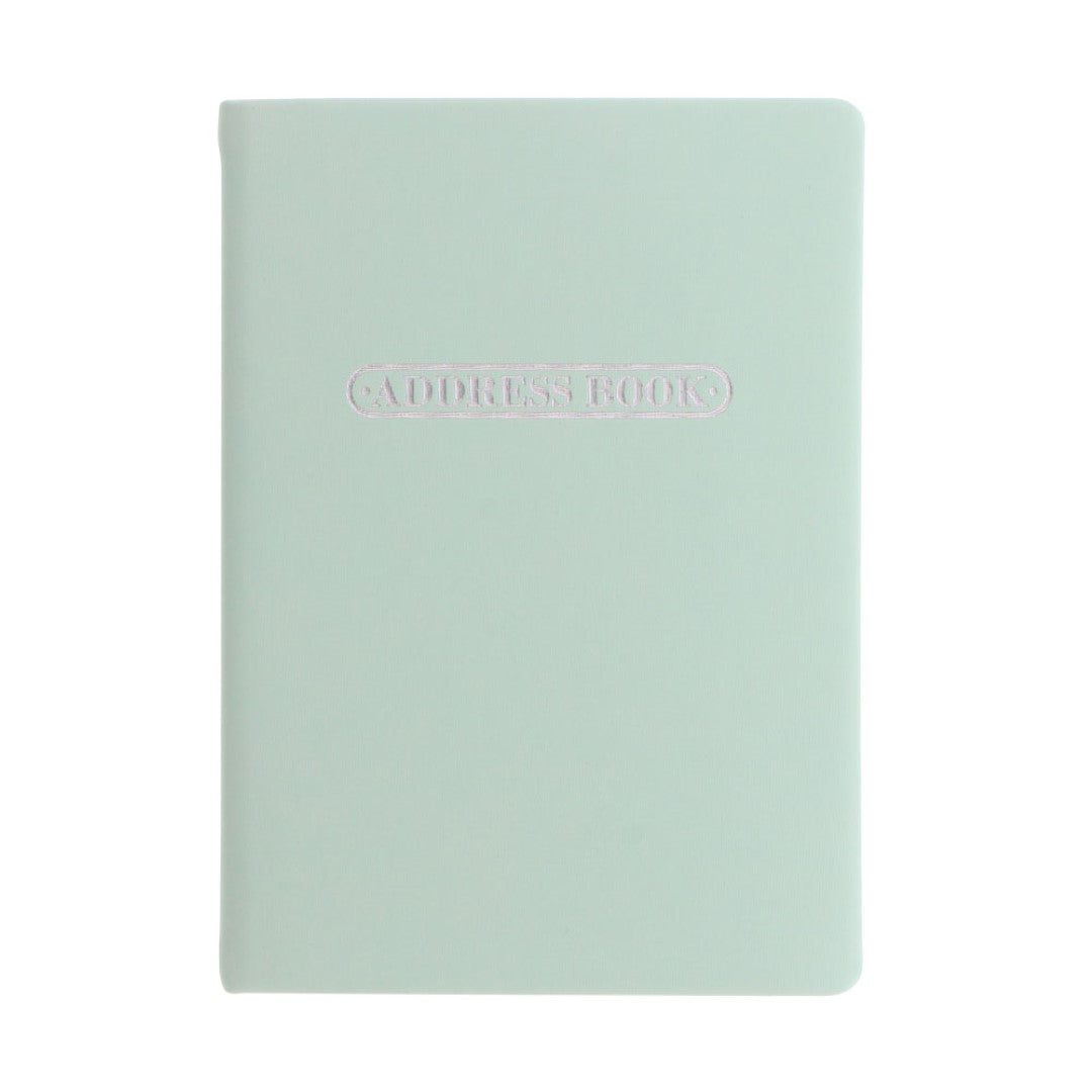 Letts A6 Address Book in Pastel Duck Egg color, featuring silver foil details and 192 fountain pen friendly pages for easy organization.