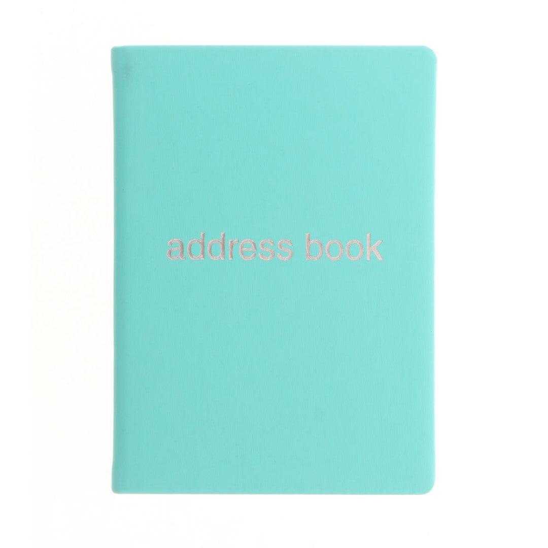 Turquoise A6 address book with a durable micro texture cover and 190 alphabetical index pages for organized contacts.