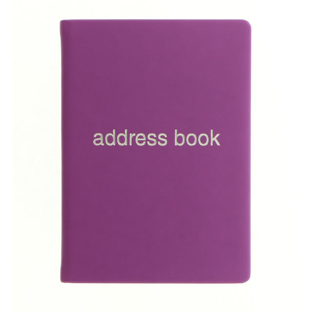 Purple A6 address book featuring a textured cover, 190 index pages, and silver foil design for stylish organization.