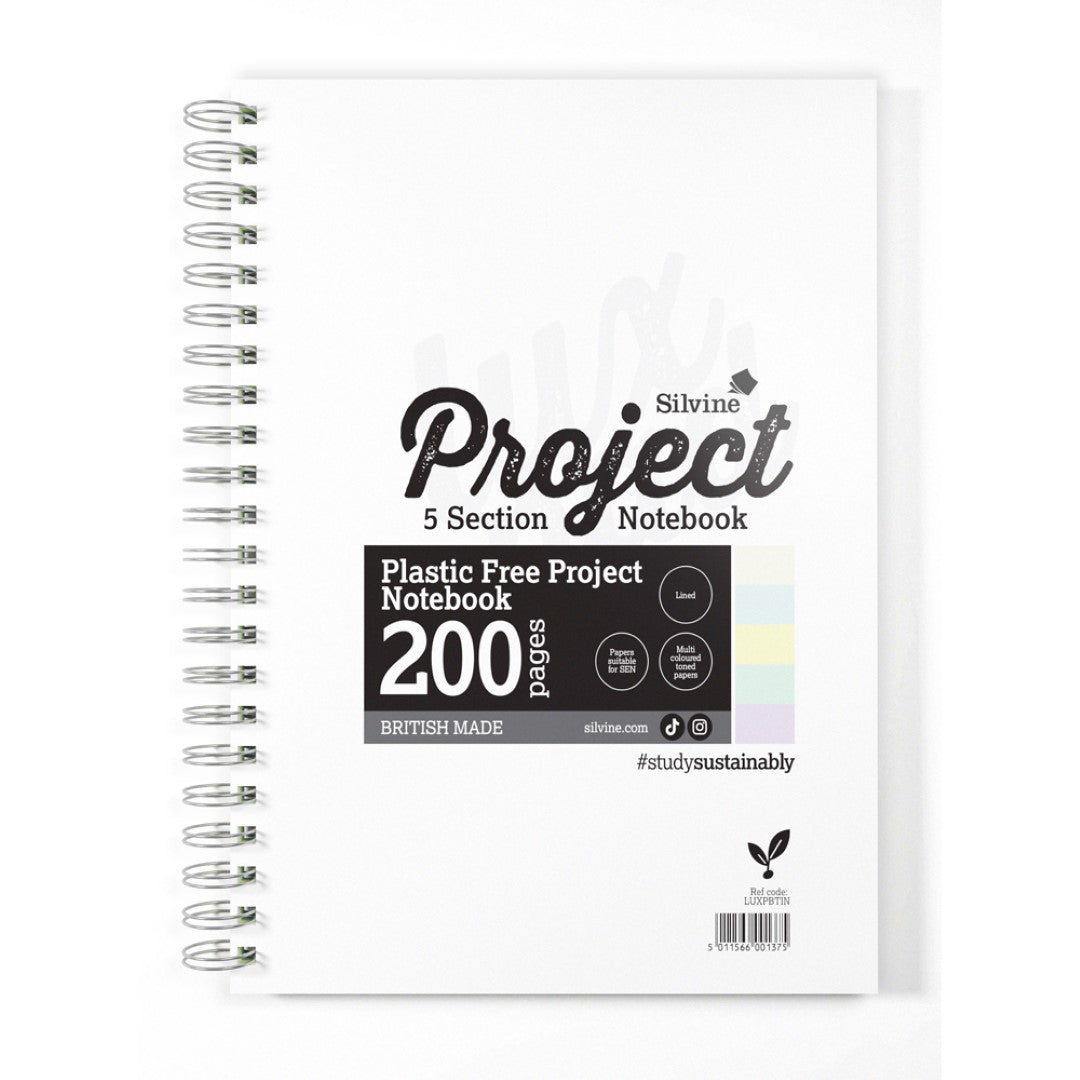 Silvine Tinted Project Book A4+ with 200 lined pages, 5 colored sections for organization, and eco-friendly design.