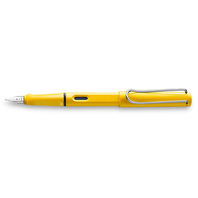 Lamy Safari Fountain Pen in shiny yellow with fine nib, featuring ergonomic grip and stylish design for comfortable writing.