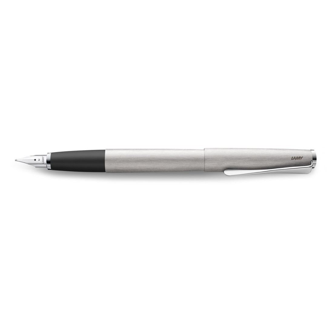 Elegant Lamy Studio Fountain Pen in brushed steel with extra fine nib, featuring a unique propeller-shaped clip.